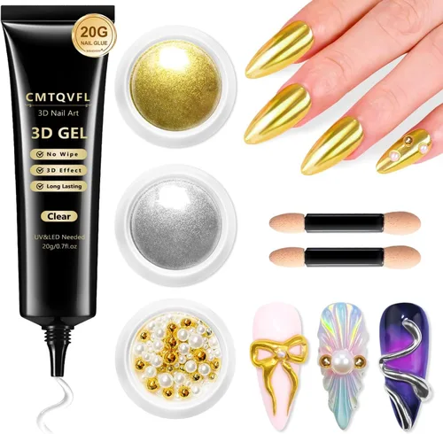 Miniatura 9 de Polvo de uñas de gel 3D 4 en 1 mejorado para uñas de cromo dorado 【NO.1 -100% Efecto 3D】20g No se limpia 3D Escultura de uñas de gel 3D con 2-Oro