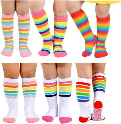 Miniatura 25 de EPEIUS Calcetines altos hasta la rodilla con rayas de arco iris para bebé, calcetines de tubo antideslizantes para uniforme de fútbol para niños