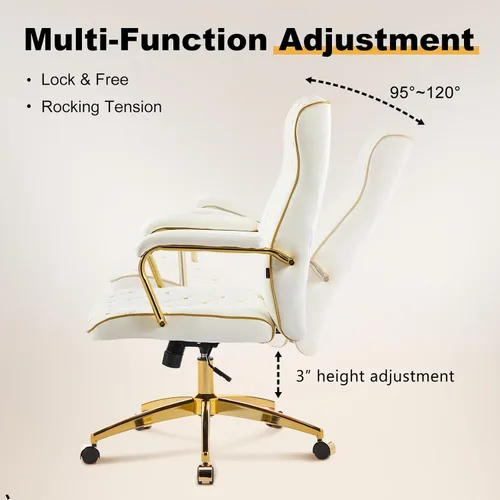 Miniatura 4 de Furniliving Silla de oficina blanca y dorada, sillas de oficina de cuero, silla de tocador ajustable con patas doradas y reposabrazos acolchado