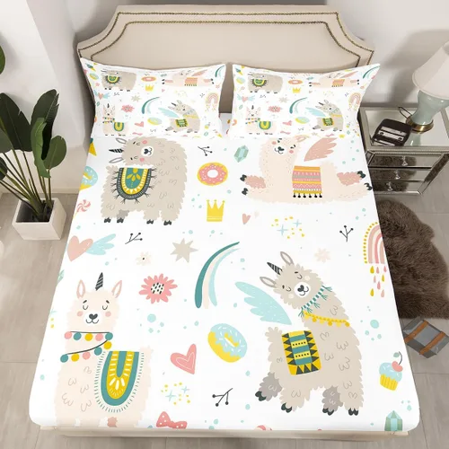 Feelyou Juego de sábanas bajeras de alpaca para niños, lindo juego de ropa de cama con diseño de llama y donas de dibujos animados, juego de sábanas