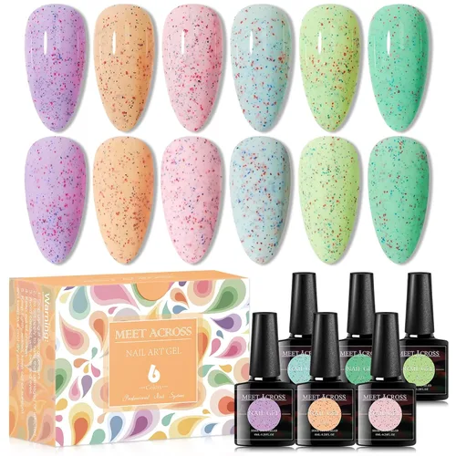 Miniatura 9 de MEET ACROSS Jelly Eggshell - Juego de 6 esmaltes de uñas de gel, color rosa, verde, morado, esmalte de gel agrietado, colección de macarrones