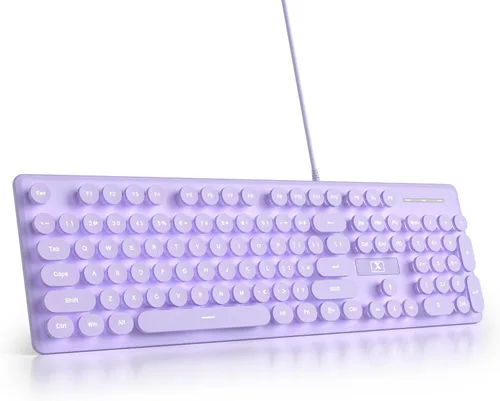 Miniatura 8 de Teclado de máquina de escribir retro con cable, teclado silencioso de computadora iluminado con 104 teclas redondas de tamaño completo, Azul