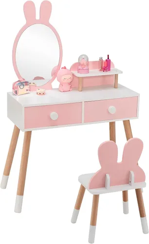 GLACER Juego de mesa y silla para niños, juego de tocador patentado con silla, espejo extraíble, 2 cajones grandes, estante de almacenamiento y