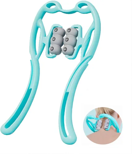 Masajeador cervical manual de cuello, con 6 ruedas y 12 imanes, se puede utilizar para masajear la columna cervical, la cintura y las piernas, Azul