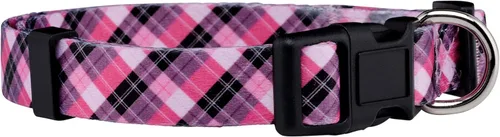 Native Pup Collar de perro a cuadros, leñador rojo, tartán, azul, rosa, ajustable para perros grandes y pequeños (rosa, pequeño)