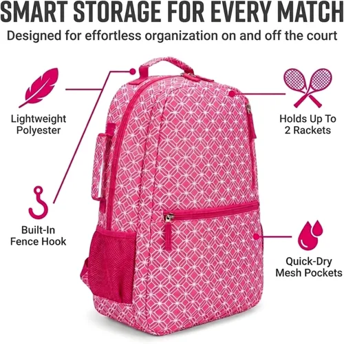 Miniatura 5 de Thorza Mochila de raqueta de tenis para mujer – Bolsa de tenis ligera que almacena 2 raquetas, pelotas y equipo deportivo – Mochila