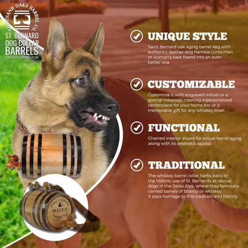 Miniatura 3 de St Bernard - Collar de barril de whisky para perro, 'M.U.T.T.' - Dispensador de barril de roble de 1/2 litro para perros San Bernardo con correa