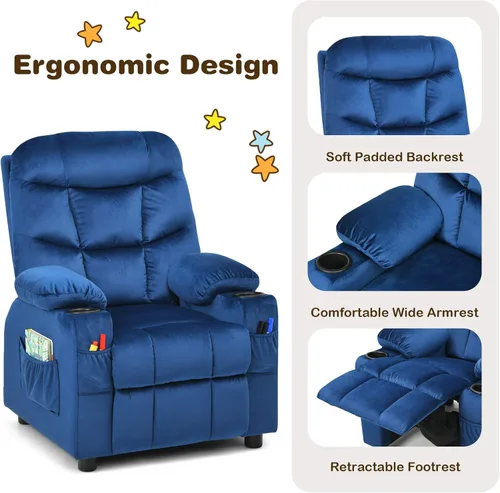 Miniatura 6 de Costzon Silla reclinable para niños con soporte para tazas, silla de salón de terciopelo ajustable con reposapiés y bolsillos laterales