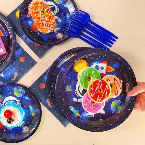 Miniatura 3 de SCIONE Juego de 96 piezas de vajilla para fiestas del espacio exterior, juego de vajilla de fiesta de galaxia, sistema solar, platos de fiesta