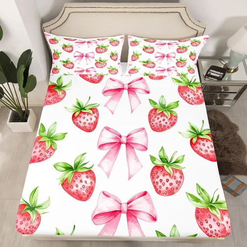 Miniatura 26 de Sábana bajera con lazo azul tamaño individual, juego de ropa de cama de princesa con cerezas, estrellas y flores margaritas de dibujos animados