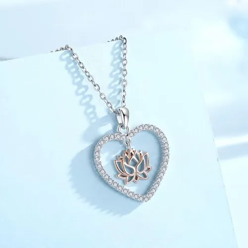 Miniatura 2 de CRWENG Collares de loto para mujer, plata de ley 925, collar con colgante de corazón floral de loto, joyería de circonita cúbica natural, regalos