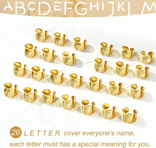 Miniatura 5 de KeyStyle Bold Initial Letter Rings Adjustable, GoldChic Jewelry Women Gold Statement Ring Personalized Engraved Womens Open Signet Ring for Party