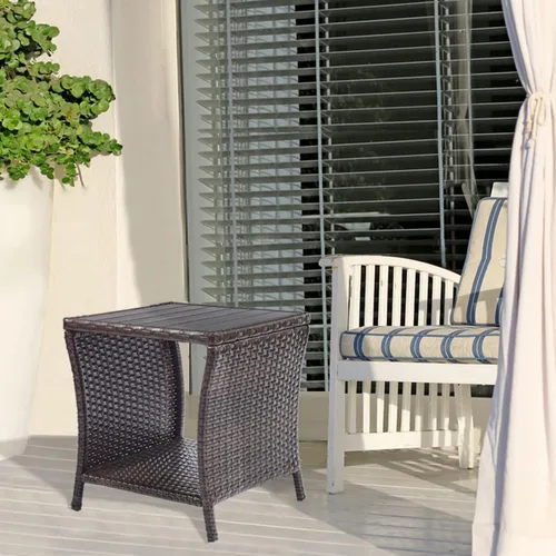 Miniatura 3 de Mesa auxiliar de patio al aire libre, pequeña mesa auxiliar de mimbre marrón para almacenamiento exterior, mesa de centro con mesa de madera