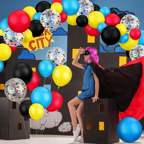 Miniatura 6 de Kit de guirnalda de arco de 147 piezas con temática de héroe, incluye globos azules, rojos, amarillos, negros con globos de confeti y cinta en rollo
