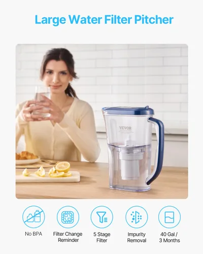 Miniatura 2 de Jarra con Filtro de Agua VEVOR, Dispensador de Filtro de Agua de 5 Etapas de 9 Tazas, Sistema de Filtración Rápida con Indicador de Cambio