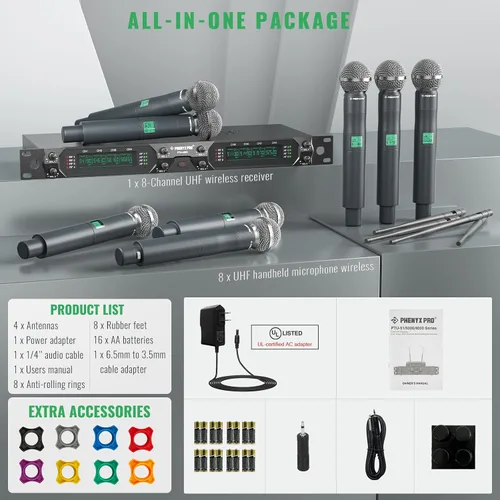 Miniatura 3 de Phenyx Pro Juego de micrófono inalámbrico de 8 canales PTU-4000-8H incluido con estuche de rack poco profundo 4U PRCSE-4U