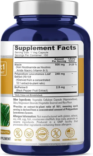 Miniatura 2 de NusaPure Polypodium - Cápsulas de nicotinamida, 240 mg, 150 cápsulas vegetales (sin OMG, sin soja)