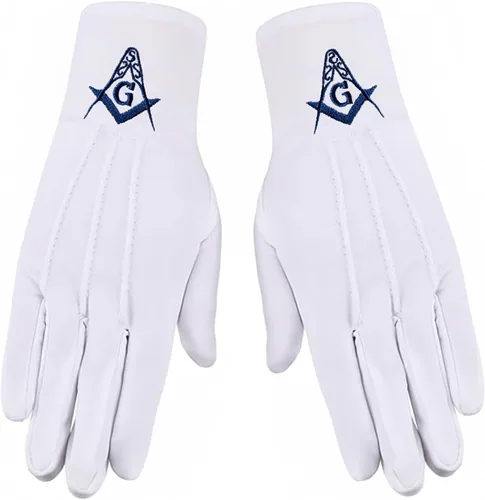 Blue Square & Compass Masonic Embroidered Cotton Gloves - [White]
