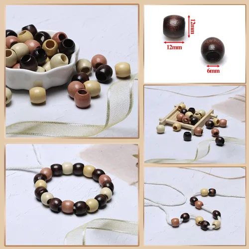 Miniatura 3 de 200 cuentas de madera de barril de 0.472 in, cuentas de madera de agujero grande para decoración de trenzas de cabello, fabricación de proyectos