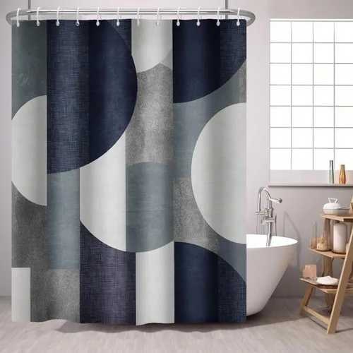 Miniatura 2 de Cortina de ducha azul marino con círculos geométricos abstractos y modernos, estilo contemporáneo, cortinas de ducha de tela impermeable gris
