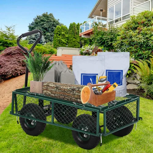 Miniatura 6 de Carrito de jardín de acero resistente, carrito utilitario para patio, carrito utilitario para césped al aire libre con lados extraíbles y ruedas