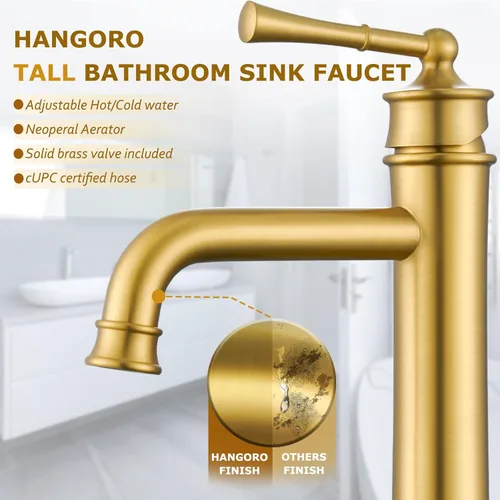 Miniatura 3 de Grifo de fregadero de níquel cepillado dorado alto para lavabo de baño, montaje en cubierta, de una sola manija, con un agujero, grifo de lavabo