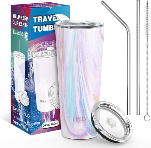 Miniatura 5 de THILY Vaso de café de acero inoxidable de 26 onzas, taza de viaje con triple aislamiento con tapa a prueba de salpicaduras, para bebidas heladas