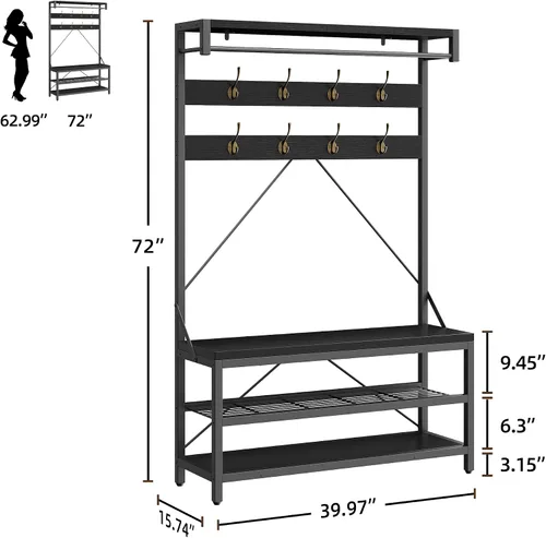 Miniatura 4 de IDEALHOUSE Perchero Banco para Zapatos Árbol de Entrada Industrial Banco de Almacenamiento para Entrada, Aspecto de Madera Acento Estante Grande