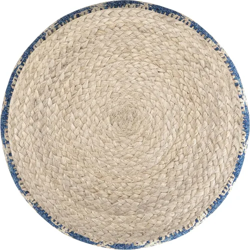 Miniatura 4 de SIMPLIHOME Edgeley Puf redondo – 18 pulgadas de ancho tejido a mano yute y algodón otomano en azul clásico y natural, reposapiés estilo bohemio