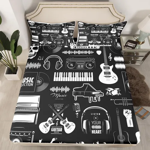 Miniatura 8 de Erosebridal Juego de sábanas de tamaño individual con temática musical, con estampado de notas musicales, juego de cama ajustable en blanco y negro