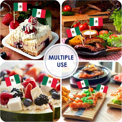 Miniatura 7 de AhfuLife 200 piezas de banderas mexicanas en palillos para decoraciones del Día de la Independencia de México, mini banderas mexicanas, palillos