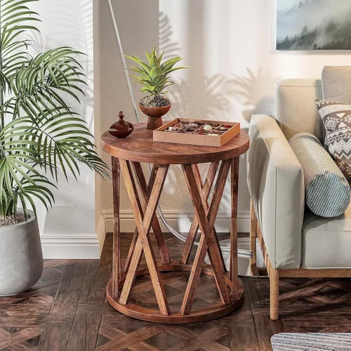 Miniatura 9 de COZAYH Mesa auxiliar de granja, mesa auxiliar redonda rústica con patas de motivos en X, parte superior texturizada de madera, para estilo bohemio