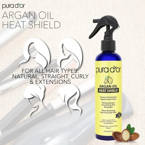 Miniatura 3 de PURA D'OR Spray protector térmico de aceite de argán de 8 onzas con ingredientes orgánicos seleccionados, protege hasta 450º F de planchado plano