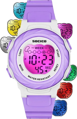 Miniatura 8 de SOCICO Relojes digitales para niños y niñas, 7 luces de color impermeables, reloj deportivo para exteriores con cronómetro, alarma, fecha, gran