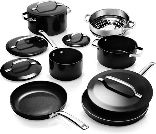 Miniatura 9 de Gotham Steel Moderno juego de utensilios de cocina de cerámica de 11 piezas, elegante juego de ollas y sartenes antiadherentes con vaporera, parte