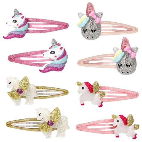 8 pinzas para el pelo coloridas de unicornio a presión, no Sli para niñas pequeñas, pinzas para el pelo de unicornio de colores surtidos para