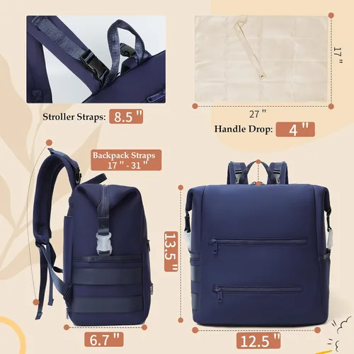 Miniatura 5 de Omanmoli Mochila para Pañales, Bolsa Grande de Neopreno para Bebé para Niños y Niñas con 15 Organizador de Bolsa de Pañales, 2 Bolsillos Aislados