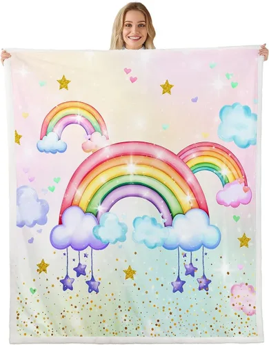 Miniatura 18 de Manta de franela arcoíris para todas las estaciones, colorida manta de cama con diseño de estrellas, luna y cielo para decoración de habitaciones