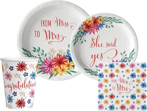 Bridal: From Miss to Mrs (Colorful Floral) Vajilla Pack: Juego de platos de papel, servilletas y tazas desechables para 20 Novia: de la señorita a