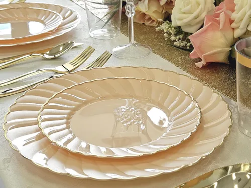 Miniatura 5 de Ocassions - Vajilla de 50-150-200 piezas para 25 invitados, color dorado, E1. Blossom Blush/Rosa & Oro