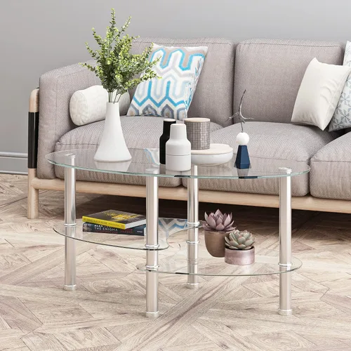 Miniatura 9 de Mesa de centro de cristal negro, mesa moderna ovalada para sala de estar con almacenamiento, patas de madera de roble, mesa central de vidrio