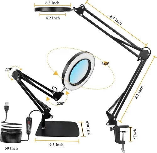 Miniatura 6 de Lámpara de lupa 15X con abrazadera y soporte, lámpara de escritorio de 72 LED con 3 temperaturas de color y 10 niveles de brillo ajustable
