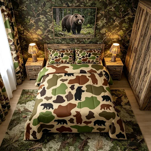 Miniatura 37 de Manfei Rutic Farmhouse - Juego de edredón tamaño King, juego de ropa de cama de retazos de madera a cuadros de ciervo, oso, árbol, 3 piezas