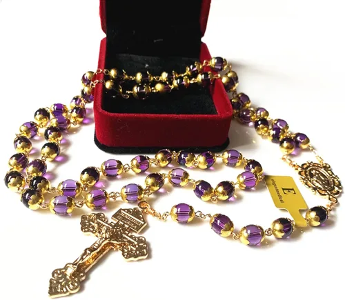 Miniatura 2 de elegantmedical HECHO A MANO ORO NATURAL 8MM AMATISTA CUENTAS ROSARIO CRUZ CATÓLICO COLLAR CAJA DE REGALO, Cristal