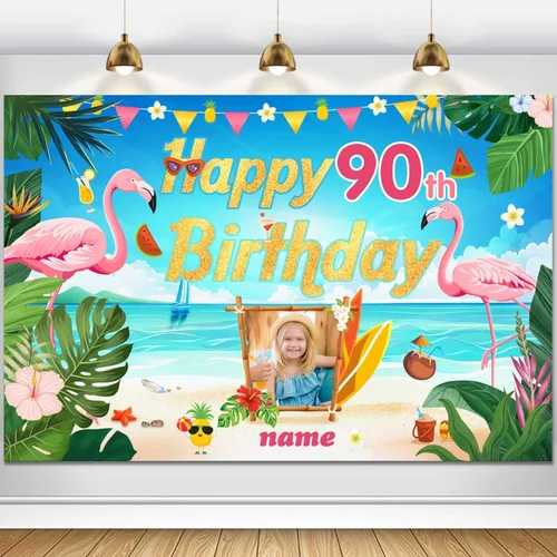 Miniatura 22 de Cartel de decoración de feliz cumpleaños número 100 personalizable con flamencos, playa, trópicos, Hawái y tema de verano, tamaños grandes
