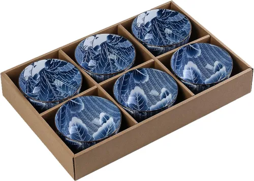Gegong Paquete de 6 cuencos de cerámica, cuencos de arroz de estilo japonés, cuencos de porcelana azul y blanca de 10 onzas, cuencos de cereales