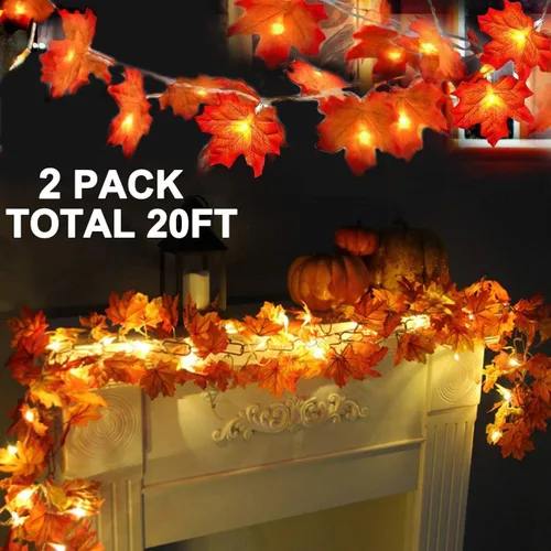 Miniatura 7 de TURNMEON Paquete de 2 decoraciones de Acción de Gracias con hojas de arce agrandadas, luces totales de 20 pies y 40 LED, decoraciones de otoño