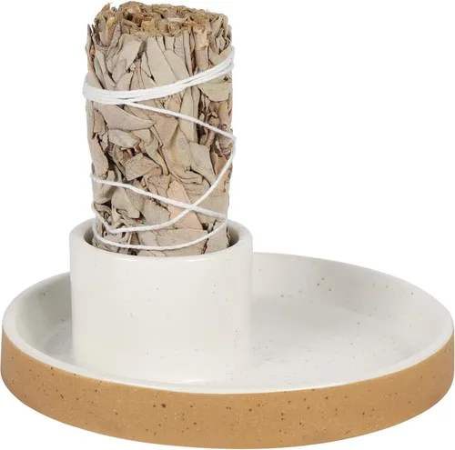 Soporte de incienso de cerámica, cuenco de salvia blanca, plato de manchas para velas de palo, santo, salvia y soporte de salvia