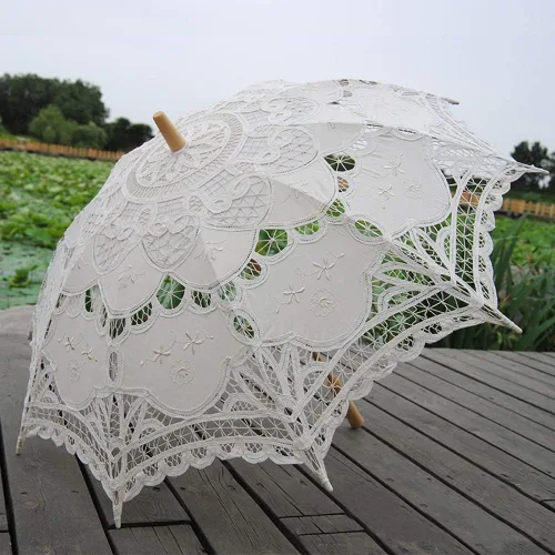 Miniatura 5 de Sombrilla de encaje para boda de algodón blanco con mango de madera para decoración
