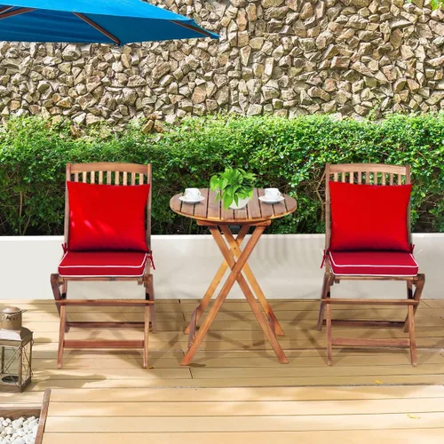 Miniatura 4 de Tangkula Juego de 3 piezas de sillas y mesa de madera de acacia para exteriores, con cojín acolchado y mesa de centro redonda, ideal para patio Rojo